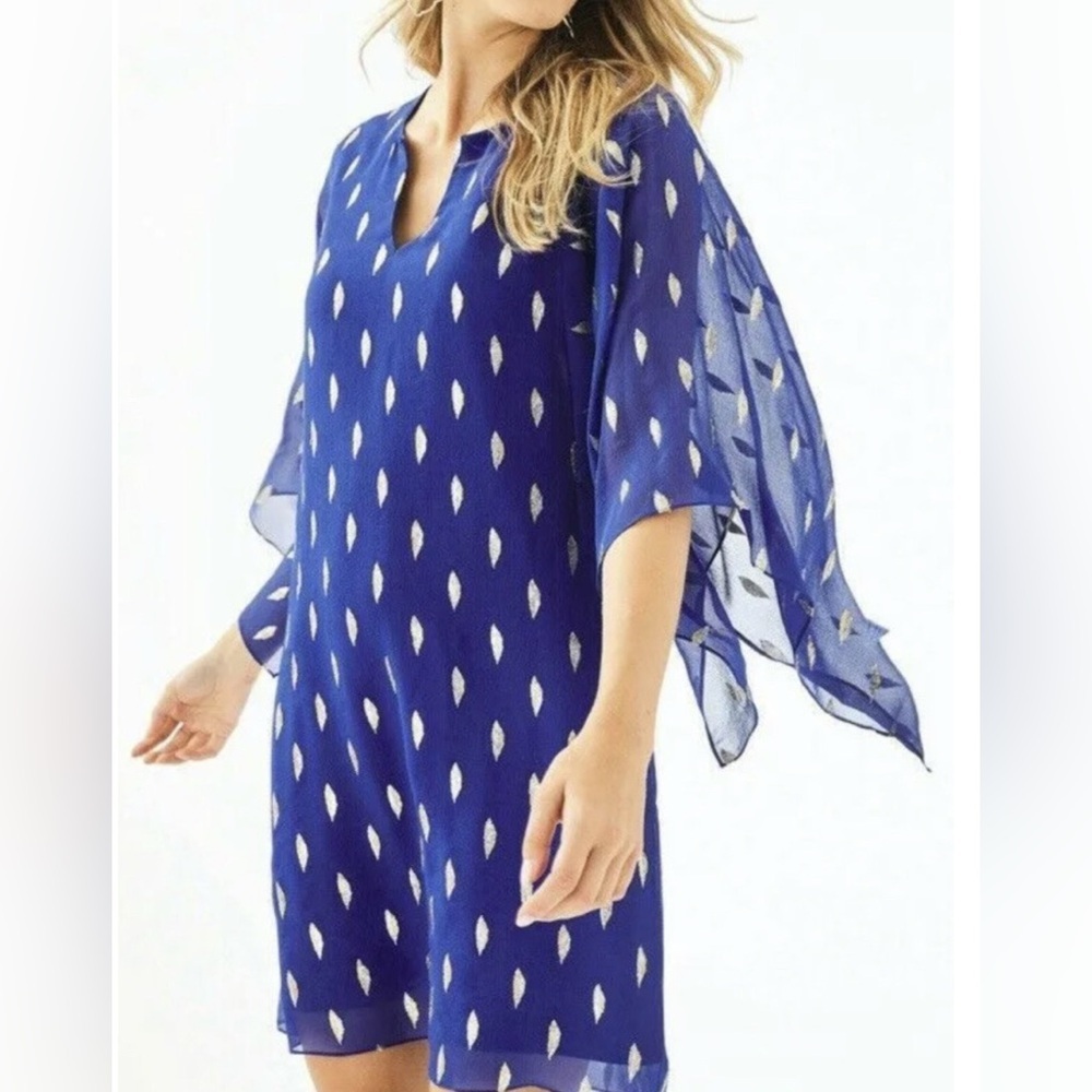 Lilly Pulitzer Shalynn Silk Blue Caftan Dress Size 8 gold Metallic V Neck